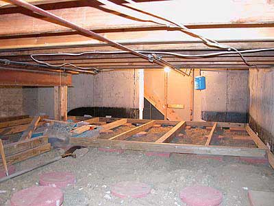"Action" sequence of putting down a floor in your basement crawl space