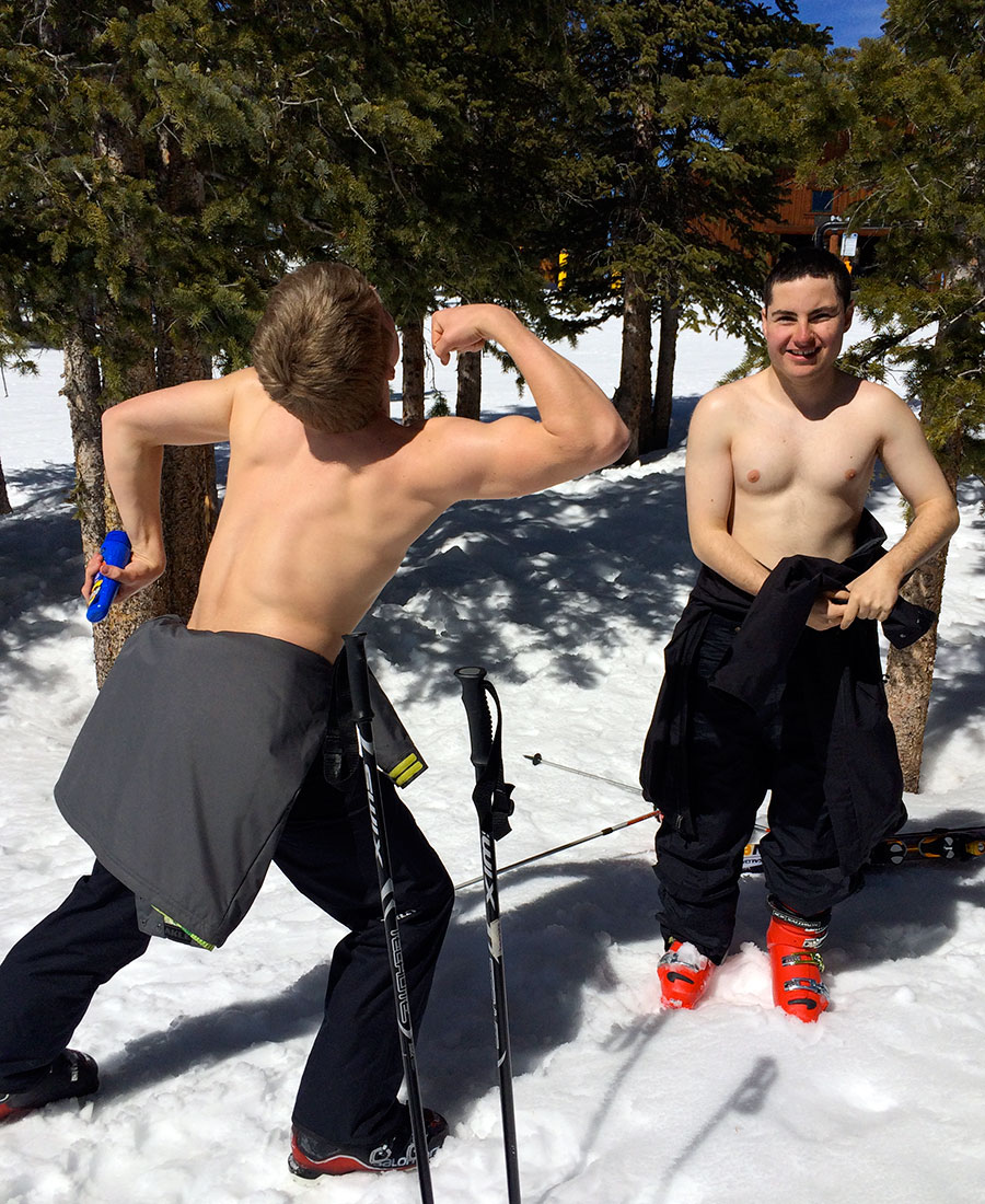 Dirk and Brendan skiing shirtless at Keystone 3