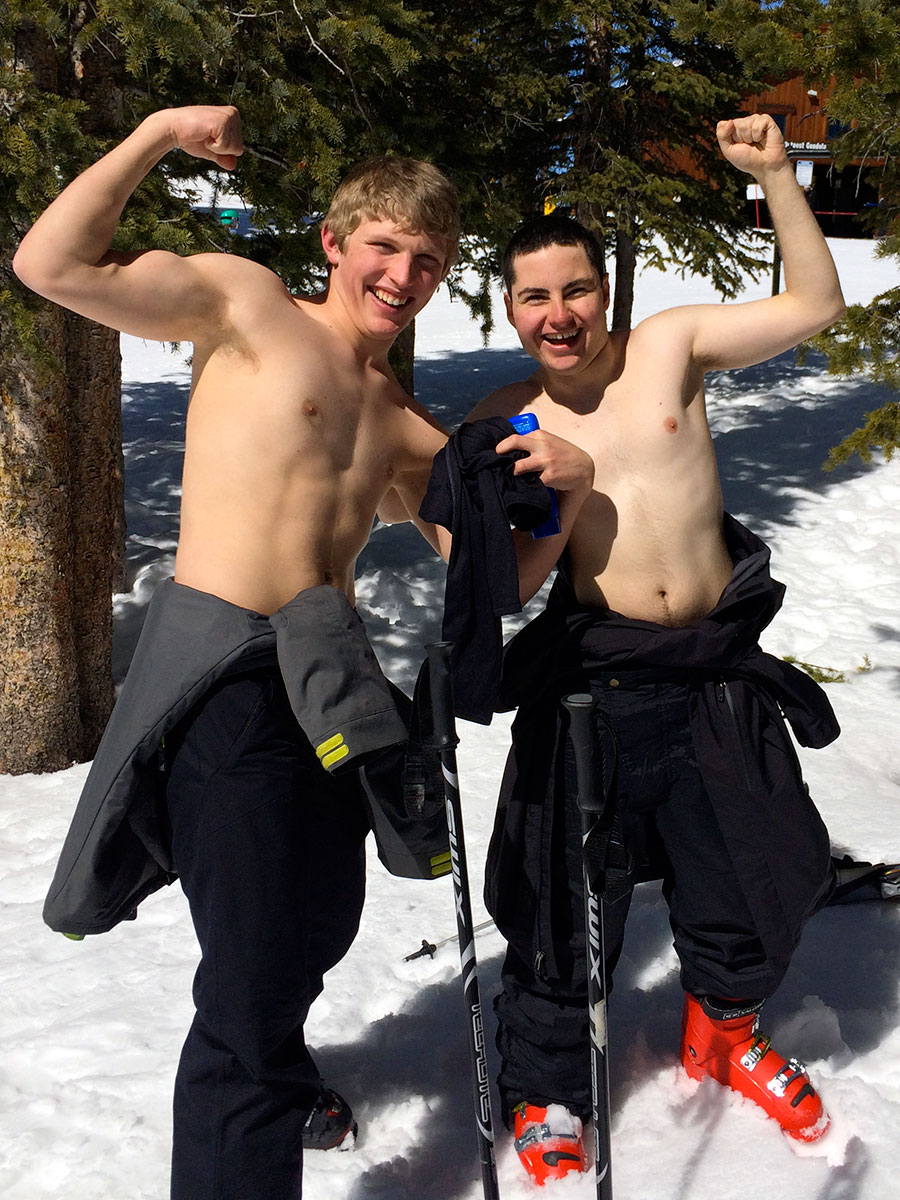 Dirk and Brendan skiing shirtless at Keystone 4