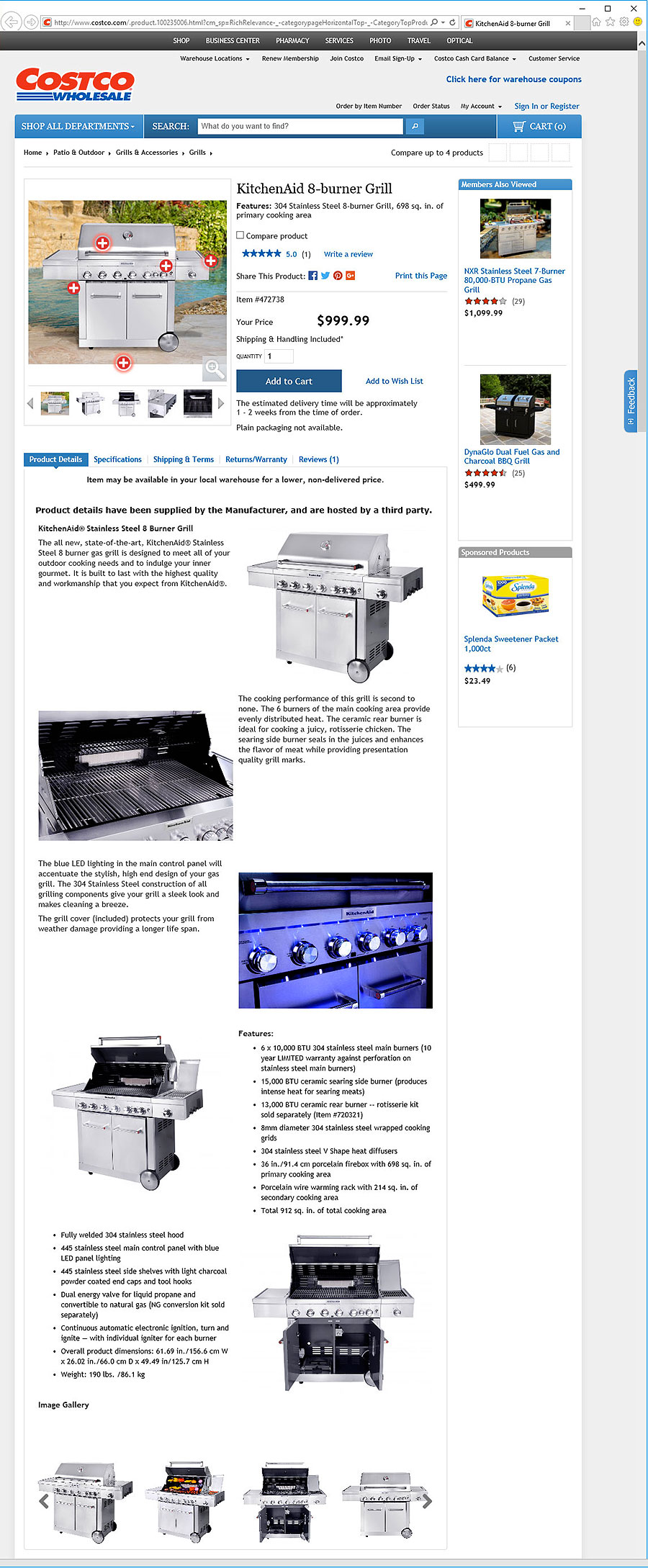 Costco KitchenAid 720-0856V BBQ Grill webpage
