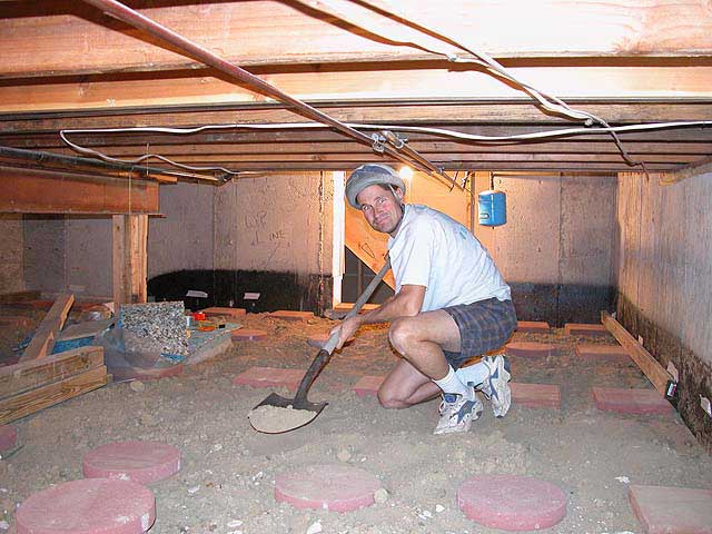 "Action" sequence of putting down a floor in your basement crawl space