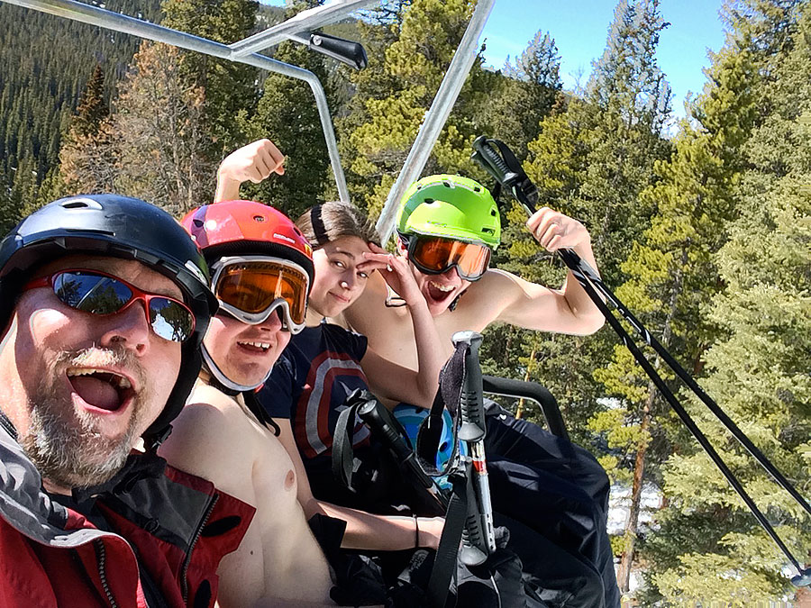 Dirk and Brendan skiing shirtless at Keystone chair lift